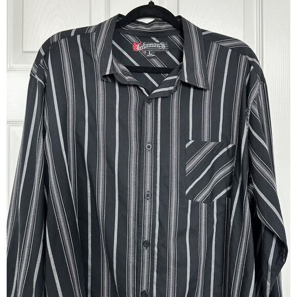 Infamous Men's Black Gray Shirt Button Down Long Sleeve Collared Size Large #620 - Picture 2 of 4